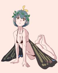 Rule 34 | 1girl, anonymous (japanese), beige background, bikini, black bikini, blue hair, blush, brown eyes, butterfly wings, closed mouth, eternity larva, expressionless, highres, insect wings, leaf, leaf on head, looking at viewer, simple background, solo, swimsuit, touhou, wings