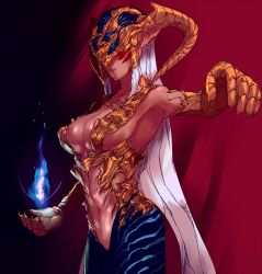 Rule 34 | 1girl, 8tan, armpits, blue fire, breasts, cleavage, closed mouth, covered eyes, cowboy shot, curtains, dark skin, dark-skinned female, demon girl, demon horns, fingernails, fire, from side, helmet, highres, horns, large breasts, long hair, navel, original, pointy ears, revealing clothes, sharp fingernails, sideboob, solo, stomach, very long hair, white hair