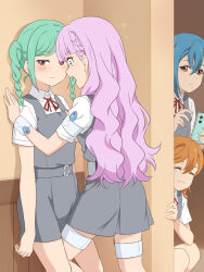 4girls :3 averting_eyes between_legs blue_hair blunt_bangs blush braid braided_twintails closed_eyes closed_mouth collared_shirt commentary dress dress_shirt flying_sweatdrops forced frown green_eyes green_hair grey_dress hair_between_eyes highres kabedon laofuzi_dai_bansho long_hair love_live! love_live!_superstar!! medium_hair multiple_girls neck_ribbon onitsuka_tomari open_mouth orange_eyes orange_hair peeking_out pinafore_dress pink_eyes red_ribbon revision ribbon school_uniform shibuya_kanon shirt short_dress short_hair short_sleeves side_braids sidelocks sideways_glance single_sidelock sleeveless sleeveless_dress split_mouth squatting summer_uniform surprised swept_bangs twin_braids twintails very_long_hair wakana_shiki wavy_hair white_shirt wien_margarete yuigaoka_school_uniform yuri