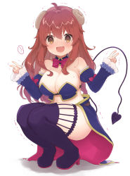 Rule 34 | @ @, absurdres, ahoge, aizawa85, arm garter, bare shoulders, blue sleeves, blush, boots, bow, bowtie, breasts, brown eyes, brown hair, cleavage, curled horns, demon girl, demon tail, detached collar, detached sleeves, double v, embarrassed, fang, frilled sleeves, frills, full body, hair between eyes, high heels, highres, horns, large breasts, machikado mazoku, simple background, skin fang, squatting, strapless, sweat, tail, tearing up, thigh boots, thighhighs, thighs, trembling, v, w arms, waist cape, wavy mouth, white background, yoshida yuuko (machikado mazoku)