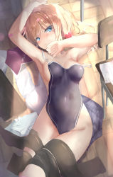 Rule 34 | 1girl, :t, arm up, bandaid, bandaid on arm, black legwear, black one-piece swimsuit, black skirt, blue eyes, blue panties, blush, book, bow, bow panties, breasts, brown hair, chair, closed mouth, clothes in front, commentary request, covered navel, covering privates, groin, hair ornament, heart, heart hair ornament, highres, long hair, looking at viewer, low twintails, lying, medium breasts, natuna natu, nude cover, on back, one-piece swimsuit, open book, original, panties, unworn panties, pout, school chair, school uniform, shirt, unworn shirt, skirt, unworn skirt, solo, swimsuit, unworn thighhighs, twintails, underwear, white shirt