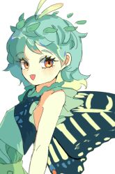 Rule 34 | 1girl, antennae, aqua hair, blush, butterfly wings, dress, eternity larva, fairy, flat chest, green dress, insect wings, leaf, leaf on head, looking at viewer, multicolored clothes, multicolored dress, open mouth, orange eyes, short hair, short sleeves, simple background, smile, solo, touco to, touhou, upper body, white background, wings