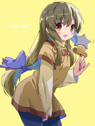 Rule 34 | 1girl, akayama yukihe, alternate costume, between legs, black pantyhose, blush, bow, brown eyes, brown hair, brown shirt, casual, character name, clannad, commentary request, cowboy shot, eyes visible through hair, food, hair between eyes, hair bow, hand between legs, hand up, highres, holding, holding food, ibuki fuuko, long hair, long sleeves, looking at viewer, low-tied long hair, open mouth, pantyhose, pinky out, purple bow, shirt, sidelocks, simple background, smile, solo, star (symbol), very long hair, yellow background