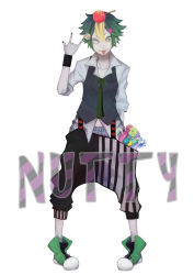 Rule 34 | 1boy, absurdres, blonde hair, boxers, candy, candy apple, candy cane, english text, food, green hair, happy tree friends, highres, lazy eye, lollipop, male focus, male underwear, multicolored hair, nail polish, nankaidools, navel, necktie, nutty (happy tree friends), piercing, pigeon-toed, solo, striped, suspenders, swirl lollipop, tongue, tongue out, tongue piercing, two-tone hair, underwear, vest, wall-eyed