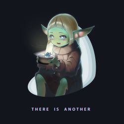 Rule 34 | 1girl, aged up, alien, animification, blue eyes, blush, bowl, brown hair, capsule, captaintcher, carrying, child, colored skin, cradle, eating, english text, food, frog, gender request, genderswap, green skin, grogu, highres, holding, light, parody, pointy ears, saliva, science fiction, sitting, soup, sparkling eyes, star wars, star wars manga, the child (star wars), the mandalorian, tunic