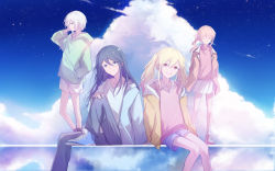 Rule 34 | 4girls, absurdres, ankle socks, arm support, bare legs, black hair, blonde hair, blue eyes, blue footwear, blue jacket, blue shorts, blue sky, blunt bangs, brown jacket, brown socks, closed eyes, cloud, cloudy sky, collarbone, collared shirt, colored tips, contrail, cumulonimbus cloud, day, drawstring, drill hair, feet out of frame, fingernails, flat chest, floating hair, gradient hair, green eyes, green hoodie, grey hair, grey pants, hair ornament, hair scrunchie, hand in own hair, hand in pocket, hand on own knee, hand up, hibioes, highres, hinomori shiho, hood, hood down, hooded jacket, hoodie, horizon, hoshino ichika (project sekai), jacket, knee up, knees together feet apart, leo/need (project sekai), light particles, long hair, looking at viewer, mochizuki honami, multicolored hair, multiple girls, open clothes, open jacket, open mouth, orange jacket, outdoors, pants, pink eyes, pink footwear, pink hair, pink shirt, pink sweater, pleated skirt, profile, project sekai, purple scrunchie, reflection, reflective floor, scrunchie, shirt, shoes, short hair, shorts, side drill, sidelocks, single sidelock, sitting, skirt, sky, smile, sneakers, socks, standing, star (sky), starry sky, sweater, teeth, tenma saki, tsurime, turtleneck, turtleneck sweater, twintails, upper teeth only, white shirt, white shorts, white skirt, white socks, wing collar
