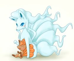 Rule 34 | alolan form, alolan ninetales, animal ears, animal hands, blue eyes, closed eyes, closed mouth, gen 1 pokemon, gen 7 pokemon, ippanjin rvf, looking at another, multiple tails, ninetales, open mouth, pawpads, simple background, tail, vulpix