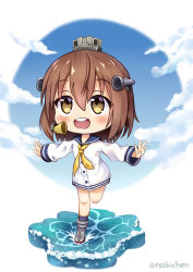 Rule 34 | 1girl, blue sailor collar, blue sky, brown eyes, brown hair, chibi, cloud, commentary, commentary request, day, dress, english commentary, headgear, headset, kantai collection, mixed-language commentary, neckerchief, open mouth, outdoors, outstretched arms, roshi chen, round teeth, sailor collar, sailor dress, short hair, sky, smile, solo, speaking tube headset, teeth, upper teeth only, yellow neckerchief, yukikaze (kancolle)