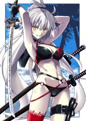 Rule 34 | 1girl, ahoge, alternate hairstyle, arms up, bikini, black bikini, black choker, black gloves, breasts, choker, cleavage, cloud, cloudy sky, day, fate/grand order, fate (series), gloves, highres, jacket, unworn jacket, jeanne d&#039;arc alter (swimsuit berserker) (fate), jeanne d&#039;arc (fate), jeanne d&#039;arc alter (fate), jeanne d&#039;arc alter (swimsuit berserker) (fate), katana, large breasts, long hair, looking at viewer, o-ring, o-ring bikini, o-ring bottom, o-ring top, palm tree, parted lips, ponytail, red thighhighs, silver hair, single thighhigh, sky, smile, solo, swimsuit, sword, thigh strap, thighhighs, tree, very long hair, weapon, yellow eyes, yuchio