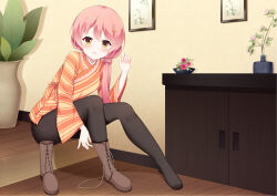 Rule 34 | 1girl, black footwear, black pantyhose, blush, boots, chinese commentary, commentary, cross-laced footwear, fengli (709622571), frown, full body, hair between eyes, hair ornament, hairclip, hand up, highres, indoors, japanese clothes, kimono, knees up, kurama koharu, leaning forward, legs, long hair, long sleeves, looking at viewer, low side ponytail, no shoes, open mouth, orange kimono, pantyhose, picture frame, pink hair, plant, potted plant, senren banka, single boot, sitting, straight hair, striped clothes, striped kimono, teeth, toes, unworn boots, wide sleeves, yellow eyes