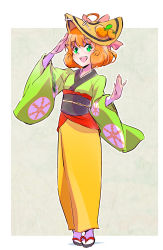 Rule 34 | 1girl, absurdres, ahoge, curly hair, food, freckles, fruit, full body, green eyes, highres, iesupa, japanese clothes, kimono, looking at viewer, open mouth, orange (fruit), orange hair, penny polendina, rwby, sandals, short hair, smile, solo, wide sleeves