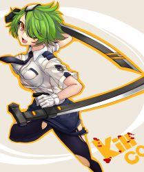 Rule 34 | 1girl, ashita (2010), bad id, bad pixiv id, black pantyhose, bladed tonfa, blush, breasts, dual wielding, eyepatch, gloves, green hair, hair over one eye, highres, holding, impossible clothes, impossible shirt, large breasts, looking at viewer, necktie, open mouth, otonashi kiruko, pantyhose, pencil skirt, police, police uniform, shinmai fukei kiruko-san, shirt, short hair, skirt, smile, solo, tonfa, torn clothes, torn pantyhose, uniform, weapon, white gloves, yellow eyes