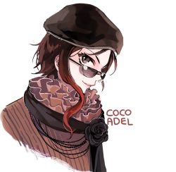 Rule 34 | 1girl, bad id, bad twitter id, bead necklace, beads, beret, black eyes, brown hair, character name, coco adel, ecru, english text, hat, jewelry, necklace, rwby, smile, sunglasses