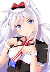 Rule 34 | 1girl, animal ears, azur lane, bad id, bad pixiv id, bare shoulders, blue eyes, blush, bow, breasts, cat ears, dress, hair bow, hammann (azur lane), hands up, head tilt, highres, long hair, looking at viewer, neck ribbon, ponyaru, puffy short sleeves, puffy sleeves, ribbon, short sleeves, silver hair, simple background, small breasts, solo, very long hair, white background, wrist cuffs