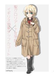 Rule 34 | 1girl, absurdres, black footwear, blonde hair, blue eyes, boots, braid, brown coat, character name, closed mouth, coat, darjeeling (girls und panzer), english text, full body, girls und panzer, highres, hood, hooded coat, insignia, jacket, kuroi mimei, light smile, long sleeves, looking at viewer, military, military uniform, red jacket, shadow, short hair, sitting, solo, st. gloriana&#039;s military uniform, translation request, twin braids, uniform