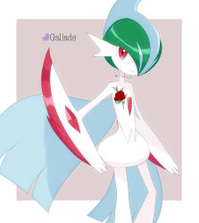 Rule 34 | 1boy, arm blade, artist name, blue cape, blue hair, border, cape, character name, closed mouth, colored skin, creatures (company), english text, expressionless, flower, gallade, game freak, gem, gen 4 pokemon, green hair, hair over one eye, heart, highres, looking at viewer, male focus, mega gallade, mega pokemon, mohawk, multicolored hair, nekopanda, nintendo, one eye covered, outside border, pokemon, pokemon (creature), purple background, red eyes, red flower, red gemstone, red rose, rose, short hair, signature, simple background, solo, standing, two-tone hair, weapon, white border, white skin