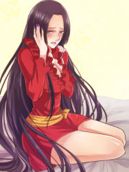Rule 34 | 1girl, amazon lily, bed sheet, black hair, blue eyes, blush, boa hancock, breasts, cleavage, earrings, female focus, highres, jewelry, long hair, nail polish, one piece, red shirt, robe, sash, shirt, sitting, solo