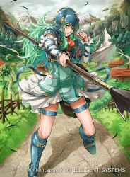 Rule 34 | 1girl, armor, belt, boots, copyright name, daigoman, detached sleeves, fire emblem, fire emblem: path of radiance, fire emblem cipher, green eyes, green hair, helmet, knee boots, long hair, looking at viewer, matching hair/eyes, nephenee, nintendo, polearm, skirt, solo, spear, thighhighs, weapon