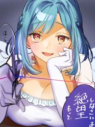 Rule 34 | 1girl, absurdres, blue hair, blush, braid, breasts, cleavage, dress, elbow gloves, feathered wings, french braid, gloves, highres, kuma daigorou, large breasts, looking at viewer, moira (nijisanji), mole, mole on breast, mole under mouth, nijisanji, short hair, smile, solo, virtual youtuber, white dress, white gloves, wings, yellow eyes