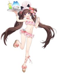Rule 34 | 1girl, animal ears, bare arms, bare legs, bare shoulders, beach, bikini, blue archive, blush, breasts, brown hair, cleavage, collarbone, flower, food, frilled bikini, frills, hair flower, hair ornament, halo, holding, holding tray, leg up, long hair, looking at viewer, maid headdress, navel, official alternate costume, open mouth, purple eyes, sandals, shaved ice, shizuko (blue archive), shizuko (swimsuit) (blue archive), small breasts, smile, solo, stomach, swimsuit, transparent background, tray, twintails, very long hair, water drop