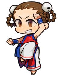 Rule 34 | 1girl, armpits, bell, braid, brown hair, chibi, chinese clothes, fatal fury, full body, hair bell, hair ornament, ibara., li xiangfei, snk, solo, standing, standing on one leg, the king of fighters, twin braids