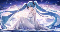 Rule 34 | 1girl, absurdres, alternate costume, bare shoulders, blue eyes, blue hair, commentary request, dress, hatsune miku, highres, long hair, looking at viewer, outdoors, shoulder tattoo, sitting, sleeveless, sleeveless dress, smile, solo, tattoo, twintails, usagi (786113654), very long hair, vocaloid, white dress