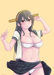 Rule 34 | 1girl, absurdres, bikini, black hair, black sailor collar, black skirt, breasts, brown eyes, cleavage, commentary request, cowboy shot, hair ornament, hairband, hairclip, haruna (kancolle), headgear, highres, jouzaburou (joe3), kantai collection, large breasts, long hair, open clothes, open shirt, pleated skirt, sailor collar, sailor shirt, school uniform, serafuku, shirt, simple background, skirt, solo, swimsuit, white bikini, yellow background