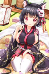 Rule 34 | 1girl, animal ears, areola slip, azur lane, bed, bell, between legs, black hair, black kimono, blunt bangs, blush, breasts, cat ears, cat mask, detached sleeves, fang, fox mask, full body, hand between legs, highres, indoors, japanese clothes, jingle bell, kimono, lantern, large breasts, looking at viewer, mask, mask on head, nipple slip, nipples, no bra, open mouth, red eyes, short hair, short kimono, sideboob, sitting, smile, solo, tatami, thigh gap, thighhighs, tissue box, white thighhighs, wide sleeves, xenon (for achieve), yamashiro (azur lane)