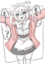 Rule 34 | :d, animal ears, apron, blue eyes, blush, double bun, fake animal ears, goddess of victory: nikke, hair between eyes, hair bun, hair ornament, hairclip, jacket, looking at viewer, maid, maid apron, maid headdress, n102 (nikke), off-shoulder jacket, off shoulder, official alternate costume, open mouth, pink jacket, short hair, short twintails, smile, suzuya material, twintails, white apron, white hair