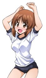 Rule 34 | 1girl, arms up, blush, brown eyes, brown hair, buruma, commentary, cowboy shot, girls und panzer, gym shirt, gym uniform, highres, looking at viewer, navy blue buruma, nishizumi miho, one-hour drawing challenge, open mouth, ponzu rui, shirt, short hair, short sleeves, simple background, smile, solo, standing, white background, white shirt