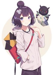 Rule 34 | 1girl, bag, blush, breasts, closed mouth, collarbone, cowboy shot, fate/grand order, fate (series), fingernails, flower, hair bun, hair flower, hair ornament, hand in pocket, highres, hood, hood down, hoodie, katsushika hokusai (fate), katsushika hokusai (traveling outfit) (fate), long sleeves, map, medium breasts, octopus, official alternate costume, pocket, purple eyes, purple hair, short hair, single hair bun, smile, solo, white flower, yukarite