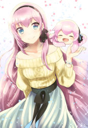 Rule 34 | 1girl, accessories, aran sweater, bare shoulders, beads, blue eyes, blush, bracelet, breasts, cable knit, collarbone, eyelashes, flower, jewelry, kikuchi mataha, long hair, looking at viewer, megurine luka, off-shoulder shirt, off shoulder, open mouth, pink hair, shirt, skirt, smile, sparkle, sweater, takoluka, vocaloid, white background
