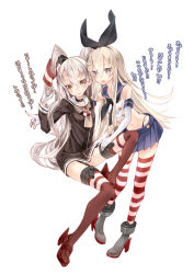 Rule 34 | 10s, 218, 2girls, amatsukaze (kancolle), anchor, blonde hair, brown eyes, dress, elbow gloves, garter straps, gloves, hair ornament, kantai collection, long hair, looking at viewer, multiple girls, personification, revision, sailor dress, school uniform, serafuku, shimakaze (kancolle), short dress, silver hair, striped clothes, striped legwear, striped thighhighs, thighhighs, translated, twintails, two side up, zettai ryouiki