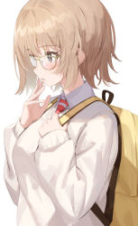 Rule 34 | 1girl, backpack, bag, blush, brown hair, brown sweater, collared shirt, from side, glasses, grey eyes, hachinatsu, hair between eyes, highres, long sleeves, looking ahead, necktie, original, parted lips, red necktie, shirt, short hair, simple background, solo, striped necktie, sweater, swept bangs, upper body, white background, white shirt, yellow bag
