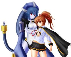 Rule 34 | 1girl, ahoge, android, arc system works, blazblue, blazblue: chronophantasma, blush, breasts, brown hair, cape, celica a. mercury, from behind, hair ribbon, highres, long hair, looking at viewer, looking back, minerva (blazblue), open mouth, parted lips, ponytail, red eyes, ribbon, robot, school uniform, shiny skin, sideboob, skirt, smile, v, wiz (shadow)