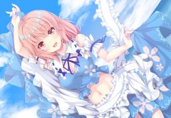 Rule 34 | 1girl, adapted costume, arm up, blue skirt, blue sky, breasts, cleavage, clothes lift, day, dutch angle, floral print, frills, lifted by self, looking at viewer, medium breasts, merxkialis, midriff, navel, open mouth, outdoors, pink hair, red eyes, saigyouji yuyuko, skirt, skirt lift, sky, smile, solo, summer, touhou