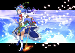 Rule 34 | 1girl, adapted costume, bikini, bikini top only, blue hair, boots, bow, character name, clenched hand, female focus, grin, hat, highres, hinanawi tenshi, long hair, open clothes, open shirt, petals, red eyes, shirt, smile, solo, swimsuit, sword, sword of hisou, touhou, weapon, yuuzii