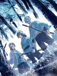 Rule 34 | 3boys, aged down, alternate universe, arms at sides, black hair, black pants, blue eyes, child, cloud print, covered mouth, dutch angle, facial scar, forest, fox mask, from below, full moon, grass, grey hair, highres, holding, holding sword, holding weapon, japanese clothes, kimetsu no yaiba, komedawara0130, leg warmers, long hair, long sleeves, looking away, male focus, mask, mask on head, moon, multiple boys, nature, pants, pants tucked in, ponytail, red hair, sabito (kimetsu), sash, scar, scar on cheek, scar on face, shinazugawa sanemi, shirt, short hair, standing, sword, tomioka giyuu, uniform, wave print, weapon, weapon on back, white shirt