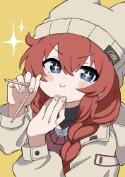 Rule 34 | + +, 1girl, absurdres, beanie, blue archive, blue eyes, blush stickers, braid, brown shirt, chopsticks, closed mouth, dot nose, eating, grey hat, hair between eyes, hand on own face, hat, highres, holding, holding chopsticks, jacket, long hair, long sleeves, looking at viewer, maki (blue archive), maki (camp) (blue archive), official alternate costume, official alternate hairstyle, open clothes, open jacket, puffy cheeks, puffy long sleeves, puffy sleeves, pusen (puuu sen555), red hair, shirt, simple background, smile, solo, sparkle, sparkling eyes, twin braids, upper body, v-shaped eyebrows, white jacket, white shirt, yellow background