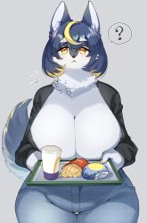 Rule 34 | 1girl, ?, animal ears, blonde hair, blue hair, body fur, brand name imitation, breasts, burger, cleavage, cup, denim, disposable cup, drinking straw, food, furry, furry female, grey background, grey fur, highres, holding, holding tray, huge breasts, jeans, multicolored hair, original, pants, short hair, solo, speech bubble, spoken question mark, streaked hair, tail, tray, wcdonald&#039;s, wide hips, wolf ears, wolf girl, wolf tail, zakro