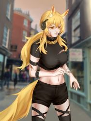 Rule 34 | 1girl, absurdres, animal ear fluff, animal ears, arknights, arm strap, black shirt, black shorts, black thighhighs, blonde hair, blood, blood on face, blurry, blurry background, breasts, building, commentary, cowboy shot, crop top, hair between eyes, headset, highres, large breasts, long hair, midriff, navel, nearl (arknights), nearl the radiant knight (arknights), nitric acid (nitrate2002), official alternate costume, orange eyes, outdoors, shirt, short sleeves, shorts, solo focus, standing, stomach, tail, thighhighs