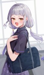 Rule 34 | 1girl, :d, ahoge, bag, bag charm, black shirt, blush, braid, brown eyes, charm (object), collared shirt, commentary request, crescent, crescent hair ornament, fang, from side, grey hair, hair ornament, hairclip, highres, hololive, indoors, long hair, looking at viewer, looking to the side, low twintails, murasaki shion, necktie, open mouth, purple necktie, purple skirt, racchi., school bag, school uniform, shirt, skirt, smile, solo, star (symbol), star hair ornament, twintails, virtual youtuber, window