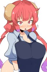 Rule 34 | 1girl, apron, black apron, blue shirt, breasts, commentary, dragon girl, dragon horns, fang, gradient hair, highres, horns, huge breasts, ilulu (maidragon), jellcaps, kobayashi-san chi no maidragon, long hair, multicolored hair, open mouth, pointy ears, purple hair, red eyes, red hair, shirt, simple background, solo, twintails, white background