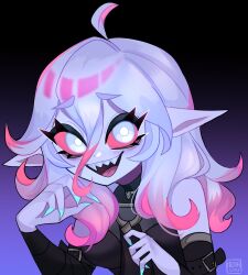 Rule 34 | 1girl, :d, absurdres, ahoge, artist name, bare shoulders, briar (league of legends), colored sclera, hair between eyes, highres, league of legends, long hair, looking at viewer, mizah (mizah), open mouth, pink hair, pink sclera, pointy ears, sharp teeth, smile, solo, teeth, upper body, upper teeth only, white eyes, white hair
