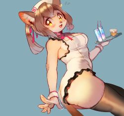 Rule 34 | 1girl, animal ears, bad id, bad pixiv id, body fur, breasts, brown hair, cat ears, cleavage, cup, drink, fang, frills, furry, furry female, holding, hotomura (muramura69), open mouth, original, simple background, sleeveless, solo, tail, thighhighs, tray, twisted torso, wrist cuffs, yellow eyes