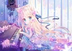 Rule 34 | 1girl, :o, animal ear fluff, animal ears, blonde hair, blue eyes, blue ribbon, blush, cat ears, clock, commentary request, dress, finger to mouth, floating hair, flower, frilled dress, frills, hair flower, hair ornament, hair ribbon, hand up, indoors, instrument, long hair, looking at viewer, looking to the side, original, parted lips, peas (peas0125), piano, pink flower, ribbon, sitting, solo, very long hair, wall clock