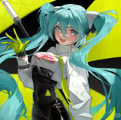 Rule 34 | 1girl, absurdly long hair, aqua eyes, aqua hair, black bodysuit, bodysuit, breasts, covered navel, cowboy shot, crop top, crop top overhang, cropped jacket, flag, flagpole, flame print, floating hair, gloves, goodsmile company, goodsmile racing, green flag, green gloves, hair between eyes, hair intakes, hatsune miku, high collar, highres, holding, holding pole, jacket, long bangs, long hair, long sleeves, looking at viewer, matsuo ringo, medium breasts, open mouth, pole, race queen, racing miku, racing miku (2022), shiny clothes, smile, smiley face, solo, text print, twintails, two-tone gloves, very long hair, vocaloid, waving, wavy hair, white jacket