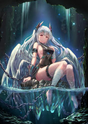 Rule 34 | 1girl, angel, bandages, barefoot, blunt bangs, blush, breasts, cave, chain, crying, full body, highres, long hair, looking at viewer, medium breasts, multiple wings, original, red eyes, revision, sideboob, sitting, soaking feet, solo, tama satou, tears, thigh strap, two side up, vambraces, water, white hair, white wings, wings
