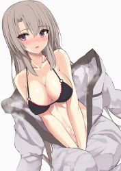 Rule 34 | 1girl, :o, bad id, bad pixiv id, bare shoulders, between legs, black bra, blush, bodysuit, bow, bra, breasts, cleavage, collarbone, commentary request, dutch angle, grey background, grey bodysuit, grey hair, hair bow, hand between legs, head tilt, highres, kesoshirou, large breasts, long hair, looking at viewer, navel, nose blush, open clothes, open mouth, original, purple eyes, simple background, sitting, solo, steaming body, underwear