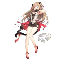 Rule 34 | 1girl, anklet, arm at side, asymmetrical gloves, bare legs, black dress, black gloves, blue eyes, blush, breasts, brown hair, cleavage cutout, clothing cutout, covered navel, damaged, defeat, double bun, dress, earrings, elbow gloves, flats, full body, girls&#039; frontline, gloves, gun, h&amp;k mark 23, hair bun, hand to own mouth, handgun, heart, heart earrings, heckler &amp; koch, heterochromia, holding, holding gun, holding weapon, jewelry, knees together feet apart, layered dress, looking at viewer, medium breasts, mk23 (girls&#039; frontline), mk23 (honey flower) (girls&#039; frontline), multicolored hair, official alternate costume, official art, pigeon-toed, sheska xue, shoes, short dress, single elbow glove, solo, standing, streaked hair, torn clothes, transparent background, uneven gloves, weapon, white dress